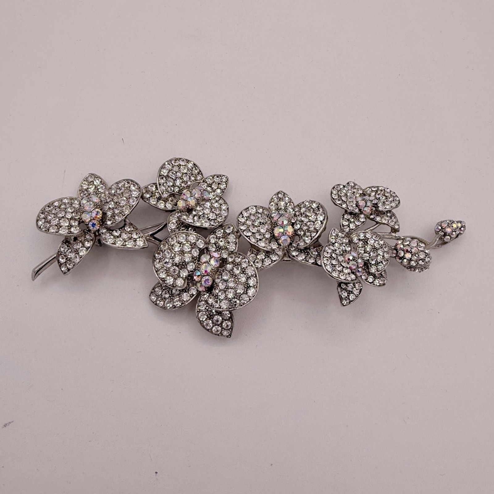 Vintage Floral Rhinestone Brooch Silver Tone 6.5 Inch Statement Pin